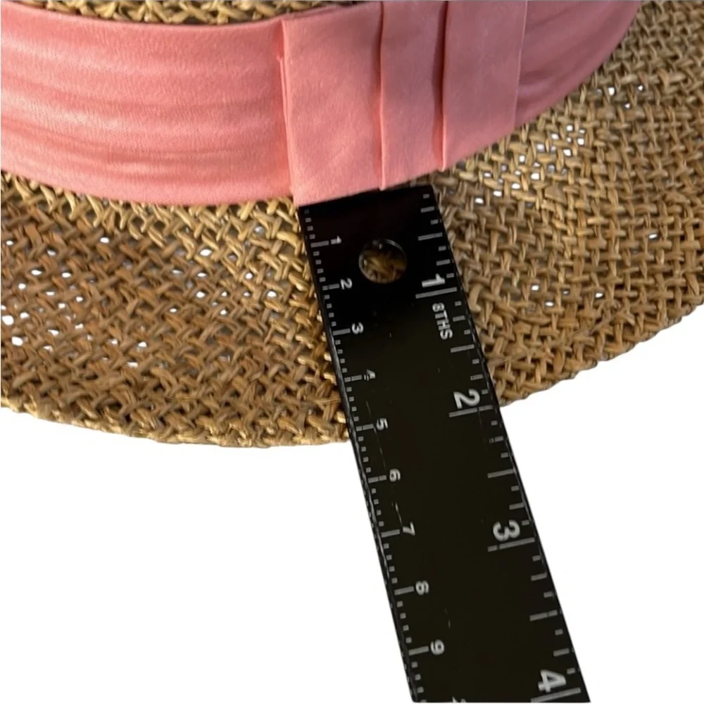 Liz Claiborne tan straw fedora hat with pink ribbon , perfect for  summer